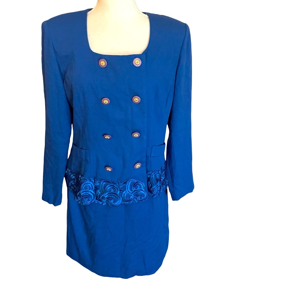Positive Attitude blue suit blazer skirt set size 14 floral lace purple buttons
